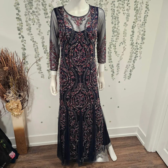 PISARRO NIGHTS Sequin Beaded Illusion Gown In Navy Sz 10 - Picture 3 of 12